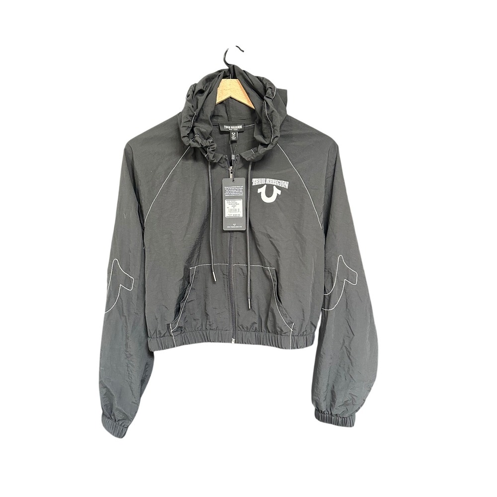 True Religion HS Nylon Track Jacket Jet Black Contrast Stitch Size S NEW